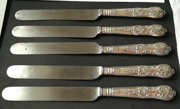 STERLING SILVER SHEFFIELD 1905 *HANDLES* KINGS PATTERN SET 5 KNIVES 250MM