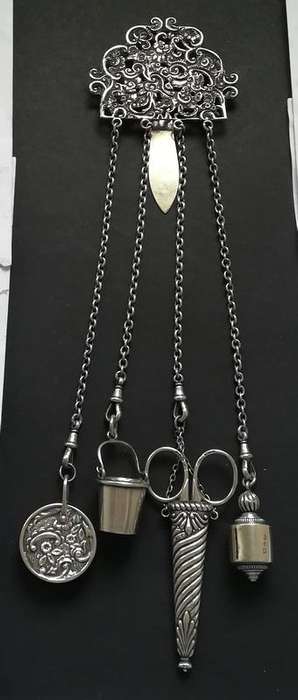 **RARE** STERLING SILVER BIRMINGHAM 1889 *SEWING CHATELAINE* 4 X CHAINS 70X100X300MM 127 GRAMS