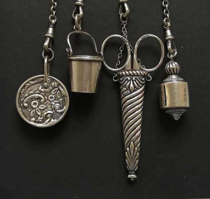 **RARE** STERLING SILVER BIRMINGHAM 1889 *SEWING CHATELAINE* 4 X CHAINS 70X100X300MM 127 GRAMS