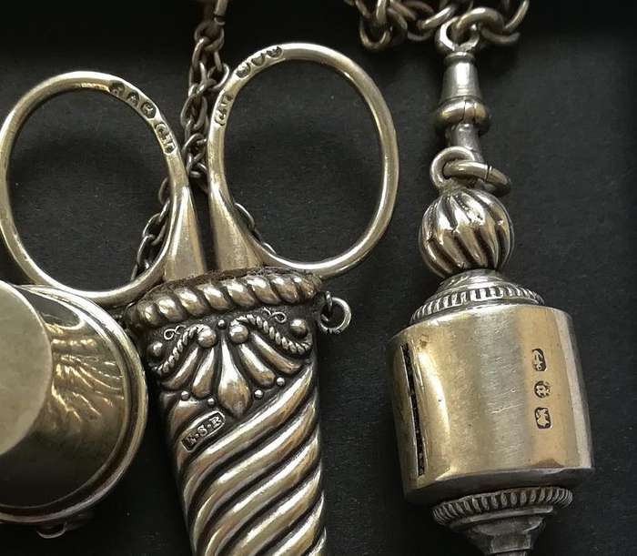 **RARE** STERLING SILVER BIRMINGHAM 1889 *SEWING CHATELAINE* 4 X CHAINS 70X100X300MM 127 GRAMS