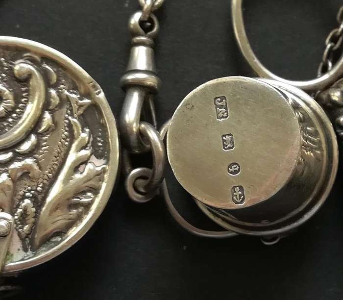 **RARE** STERLING SILVER BIRMINGHAM 1889 *SEWING CHATELAINE* 4 X CHAINS 70X100X300MM 127 GRAMS