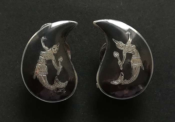 SIAM STERLING SILVER + ENAMEL EARRINGS 5.7G 15X20MM