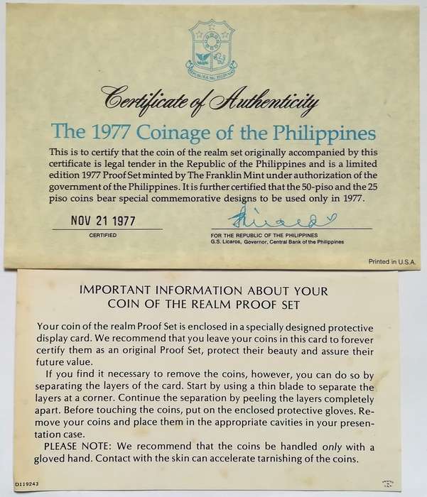 1977 PHILIPPINES PROOF SET WITH COA 50+25 PISO SILVER