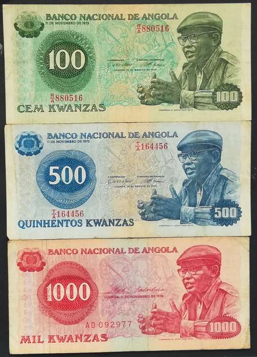 ANGOLA 1970'S 100+500+1000 KWANZAS (3 NOTES)