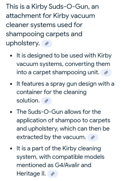 KIRBY VACUUM CLEANER SPRAYGUN ( SUDS-O-SUC) AND AIR POWERED TURBO ZIP BRUSH.