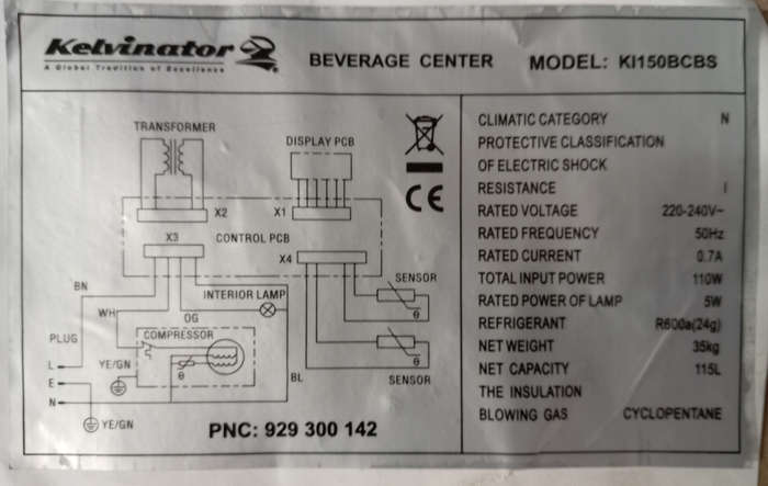 REFRIGERATION SPARES : KELVINATOR BEVERAGE COOLER MODEL :  KI150BCBS PC BOARDS