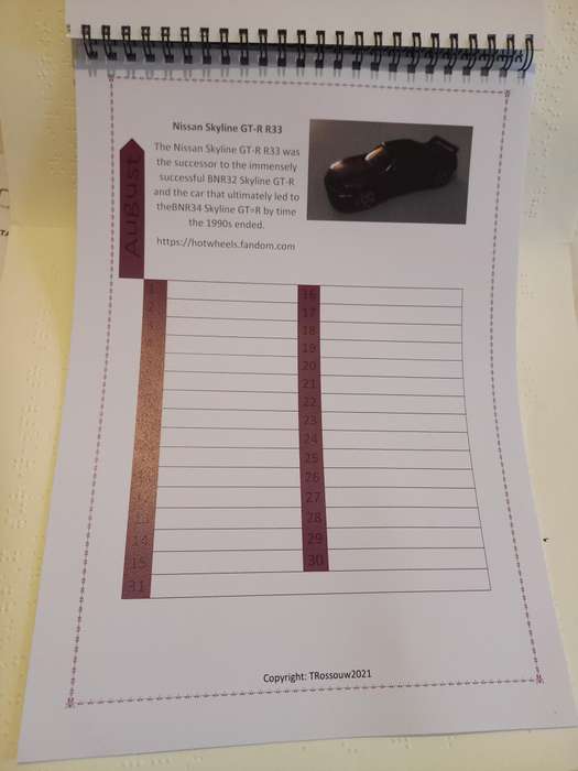 Hotwheels Universal Calender - home made gloss paper