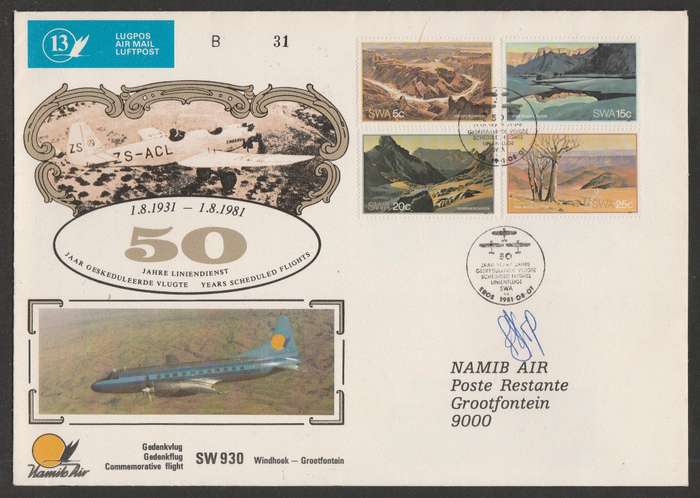 AVIATION 1981 NAMIB AIR SIGNED COVER #13 - 50 YEARS SCHEDULED FLIGHTS