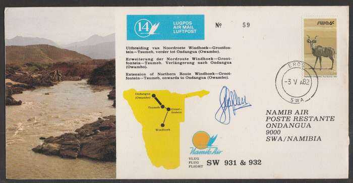 AVIATION 1982 NAMIB AIR SIGNED COVER #14 - WINDHOEK TO GROOTFONTEIN TO TSUMEB TO ONDANGUA