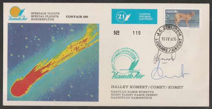 AVIATION 1986 NAMIB AIR SIGNED COVER #21 - HALLEY COMET NIGHT FLIGHT NAMIB DESERT