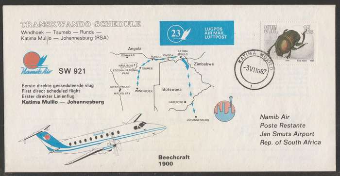 AVIATION 1987 NAMIB AIR COVER #23 - FIRST DIRECT SCHEDULED FLIGHT KATIMA MULILO TO JHB