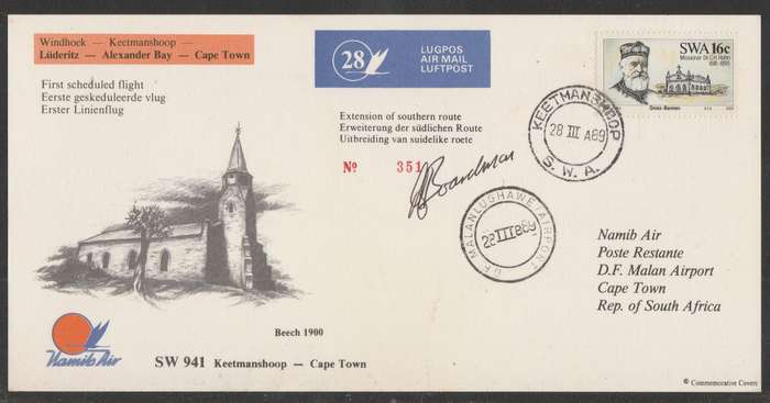 AVIATION 1989 NAMIB AIR SIGNED CARD #28 - FIRST SCHEDULED FLIGHT KEETMANSHOOP TO CAPE TOWN
