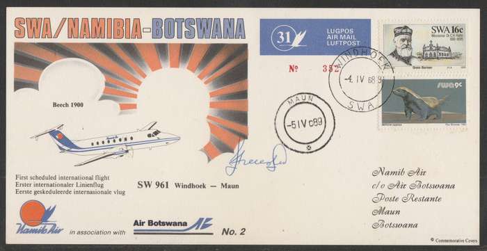 AVIATION 1989 NAMIB AIR SIGNED CARD #31 - FIRST SCHEDULED FLIGHT WINDHOEK TO MAUN