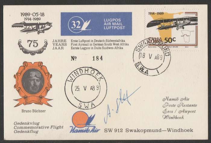 AVIATION 1989 NAMIB AIR SIGNED CARD #32 - 75 YEARS FIRST AIRMAIL IN GSWA SWAKOPMUND TO WINDHOEK