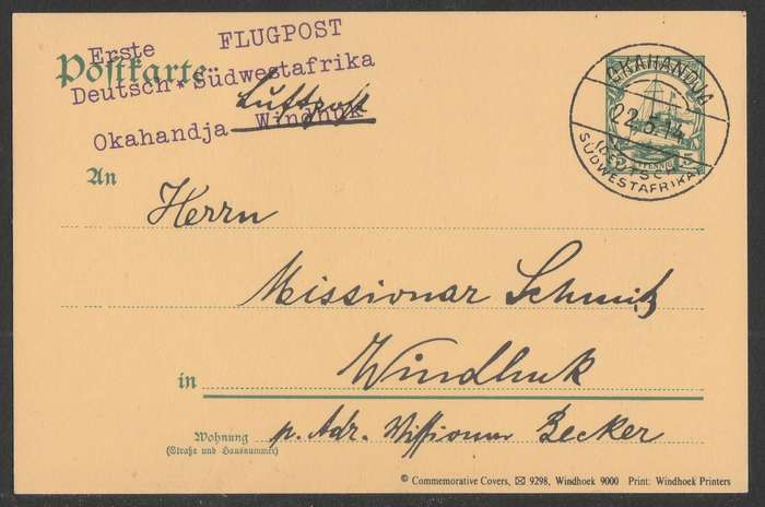 AVIATION 1989 NAMIB AIR SIGNED CARD #35 - 75 YEARS FIRST AIRMAIL IN GSWA OKAHANDJA TO WINDHOEK