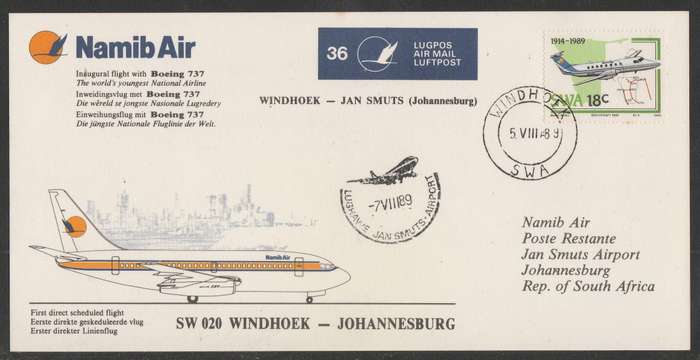 AVIATION 1989 NAMIB AIR CARD #36 - INAUGURAL BOEING 737 FLIGHT WINDHOEK TO JHB