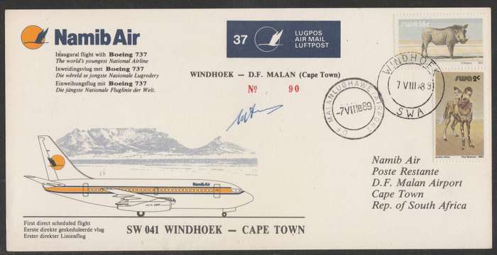 AVIATION 1989 NAMIB AIR SIGNED CARD #37 - INAUGURAL BOEING 737 FLIGHT WINDHOEK TO CAPE TOWN