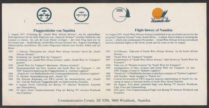 AVIATION 1990 NAMIB AIR CARD #38 - INAUGURAL BOEING 747SP FLIGHT WINDHOEK TO FRANKFURT