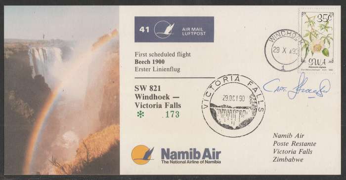 AVIATION 1990 NAMIB AIR SIGNED CARD #41 - FIRST SCHEDULED FLIGHT WINDHOEK TO VICTORIA FALLS