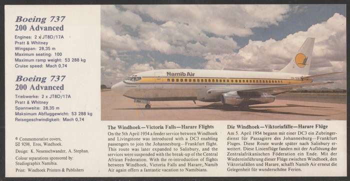 AVIATION 1990 NAMIB AIR SIGNED CARD #42 - INAUGURAL BOEING 737 FLIGHT WINDHOEK TO HARARE