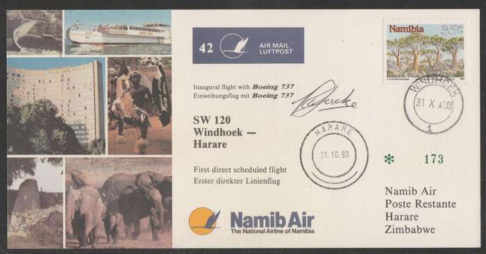 AVIATION 1990 NAMIB AIR SIGNED CARD #42 - INAUGURAL BOEING 737 FLIGHT WINDHOEK TO HARARE