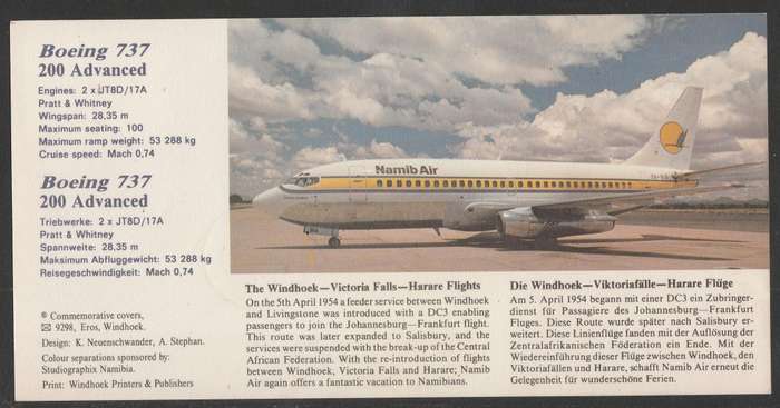 AVIATION 1990 NAMIB AIR CARD #42 - INAUGURAL BOEING 737 FLIGHT WINDHOEK TO HARARE