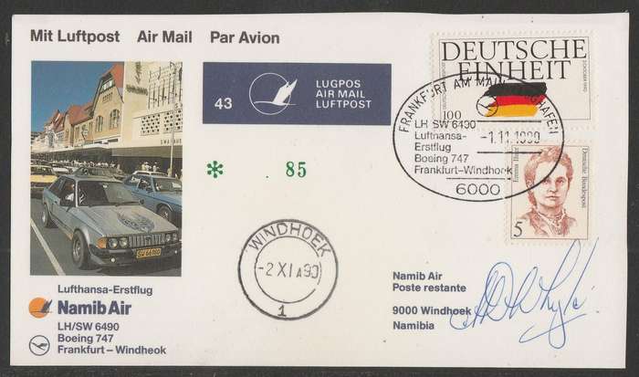 AVIATION 1990 NAMIB AIR SIGNED CARD #43 - LUFTHANSA FIRST FLIGHT FRANKFURT TO WINDHOEK