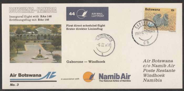 AVIATION 1991 NAMIB AIR CARD #44 - FIRST DIRECT SCHEDULED FLIGHT GABORONE TO WINDHOEK