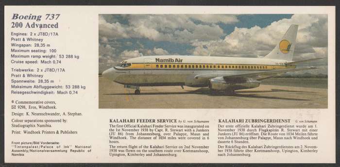 AVIATION 1991 NAMIB AIR CARD #45 - FIRST BOEING 737 FLIGHT WINDHOEK TO GABORONE