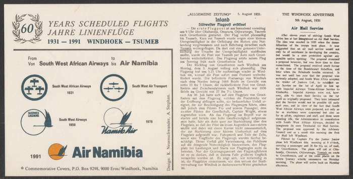 AVIATION 1991 AIR NAMIBIA SIGNED CARD #47 - FIRST FLIGHT OF AIR NAMIBIA WINDHOEK TO TSUMEB