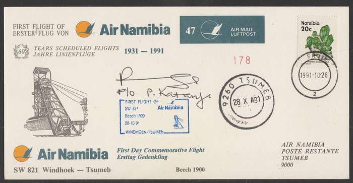 AVIATION 1991 AIR NAMIBIA SIGNED CARD #47 - FIRST FLIGHT OF AIR NAMIBIA WINDHOEK TO TSUMEB