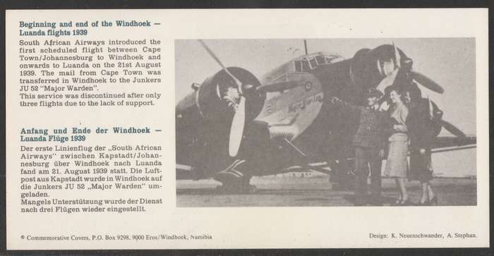 AVIATION 1991 AIR NAMIBIA SIGNED CARD #48 - FIRST BOEING 737 FLIGHT WINDHOEK TO LUANDA