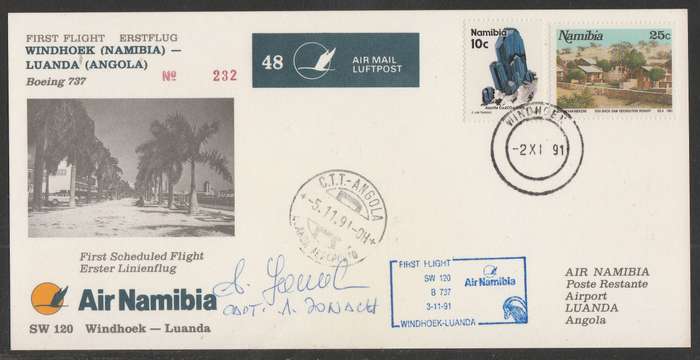 AVIATION 1991 AIR NAMIBIA SIGNED CARD #48 - FIRST BOEING 737 FLIGHT WINDHOEK TO LUANDA