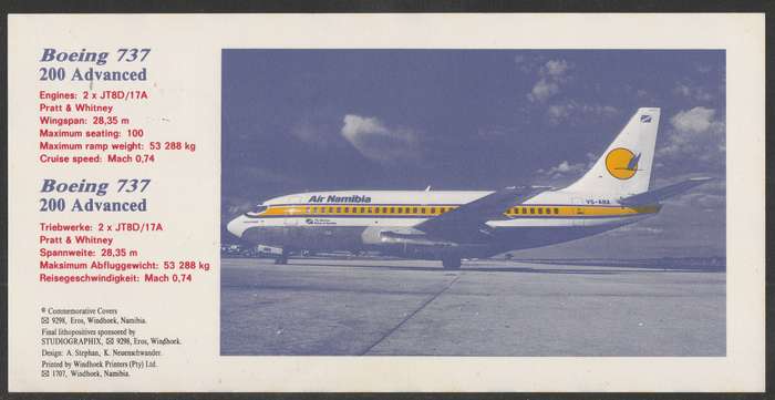 AVIATION 1992 AIR NAMIBIA CARD #52 FIRST BOEING 737 FLIGHT WINDHOEK TO WALVIS BAY