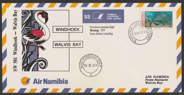 AVIATION 1992 AIR NAMIBIA CARD #52 FIRST BOEING 737 FLIGHT WINDHOEK TO WALVIS BAY