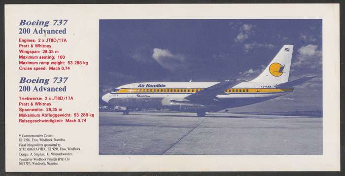 AVIATION 1994 AIR NAMIBIA CARD #53 FIRST BOEING 737 FLIGHT WALVIS BAY TO WINDHOEK