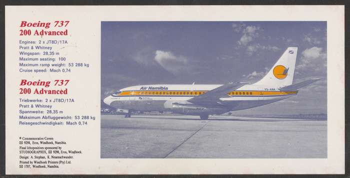 AVIATION 1994 AIR NAMIBIA SIGNED CARD #54 FIRST BOEING 737 FLIGHT CAPE TOWN TO WALVIS BAY