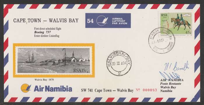 AVIATION 1994 AIR NAMIBIA SIGNED CARD #54 FIRST BOEING 737 FLIGHT CAPE TOWN TO WALVIS BAY