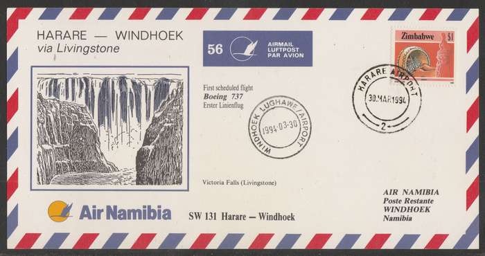 AVIATION 1994 AIR NAMIBIA CARD #56 FIRST BOEING 737 FLIGHT HARARE TO WINDHOEK