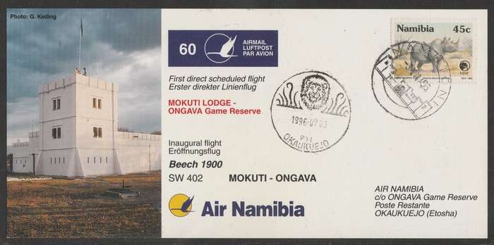 AVIATION 1996 AIR NAMIBIA CARD #60 FIRST SCHEDULED FLIGHT MOKUTI LODGE TO ONGAVA GAME RESERVE