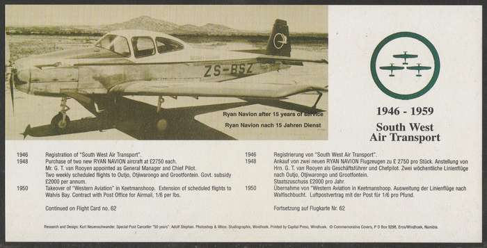 AVIATION 1996 AIR NAMIBIA CARD #61 50 YEARS FLIGHT IN NAMIBIA WINDHOEK TO OUTJO