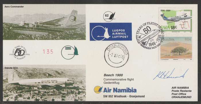 AVIATION 1996 AIR NAMIBIA SIGNED CARD #62 50 YEARS FLIGHT IN NAMIBIA WINDHOEK TO ORANJEMUND