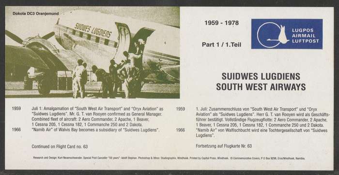 AVIATION 1996 AIR NAMIBIA CARD #62 50 YEARS FLIGHT IN NAMIBIA WINDHOEK TO ORANJEMUND