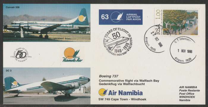 AVIATION 1996 AIR NAMIBIA CARD #63 50 YEARS FLIGHT IN NAMIBIA CAPE TOWN TO WINDHOEK