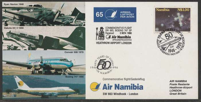 AVIATION 1996 AIR NAMIBIA CARD #65 50 YEARS FLIGHT IN NAMIBIA WINDHOEK TO LONDON