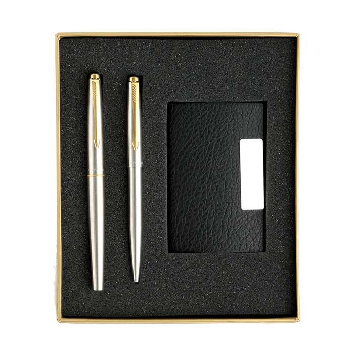 Parker Galaxy Stainless  Ball Pen & Roller Pen Set (Gold Trim) with Free Card Holder - GIFT BOX