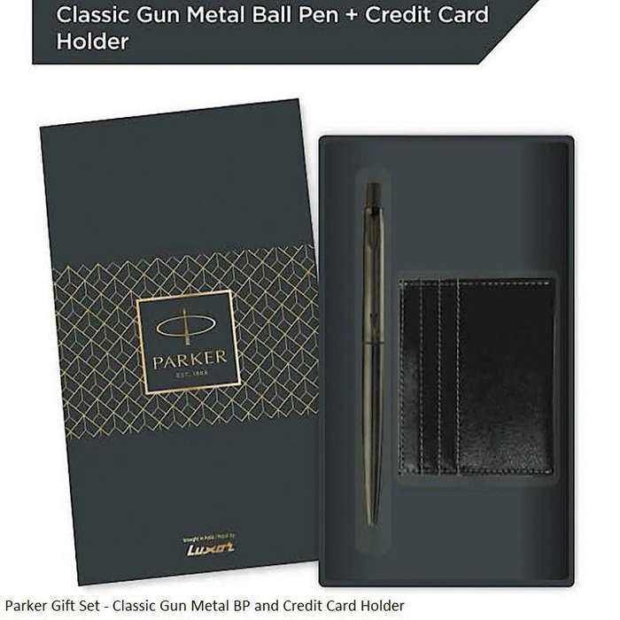 Parker Gift Set - Classic Gun Metal Ballpoint Pen and Credit Card Holder - Blue ink