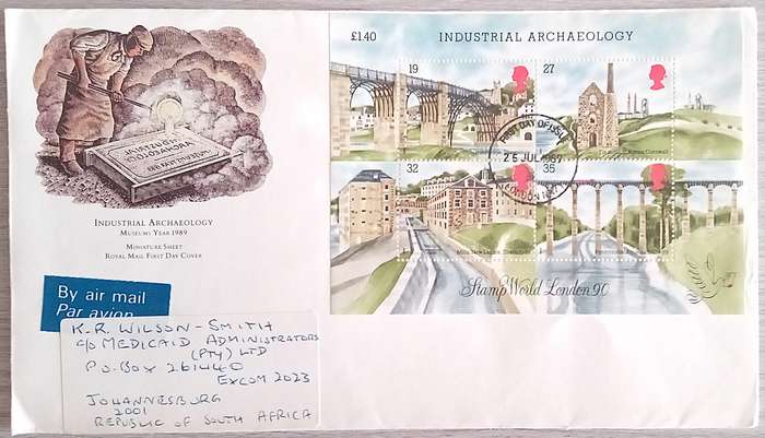 England 1989 Addressed FDC Industrial Archaeology Miniature Sheet.