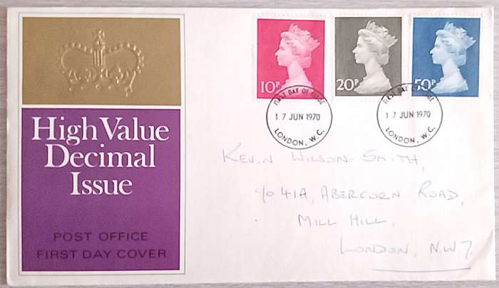 England 1970 Addressed FDC High Value Decimal Issue.