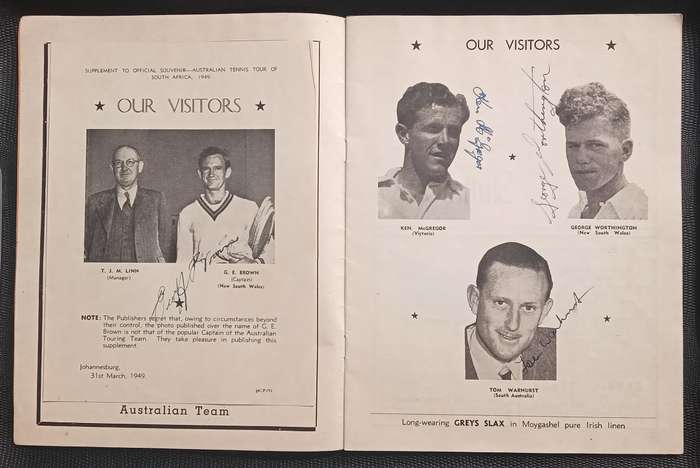 1949 Official Souvenir Australian Mixed Lawn Tennis Team South African Tour. with signatures